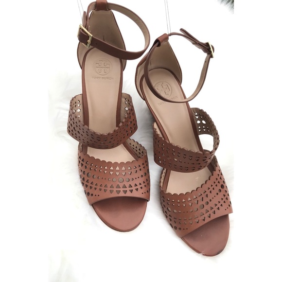 Tory Burch Perforated Brown Leather Wedge Sandals - Picture 3 of 8